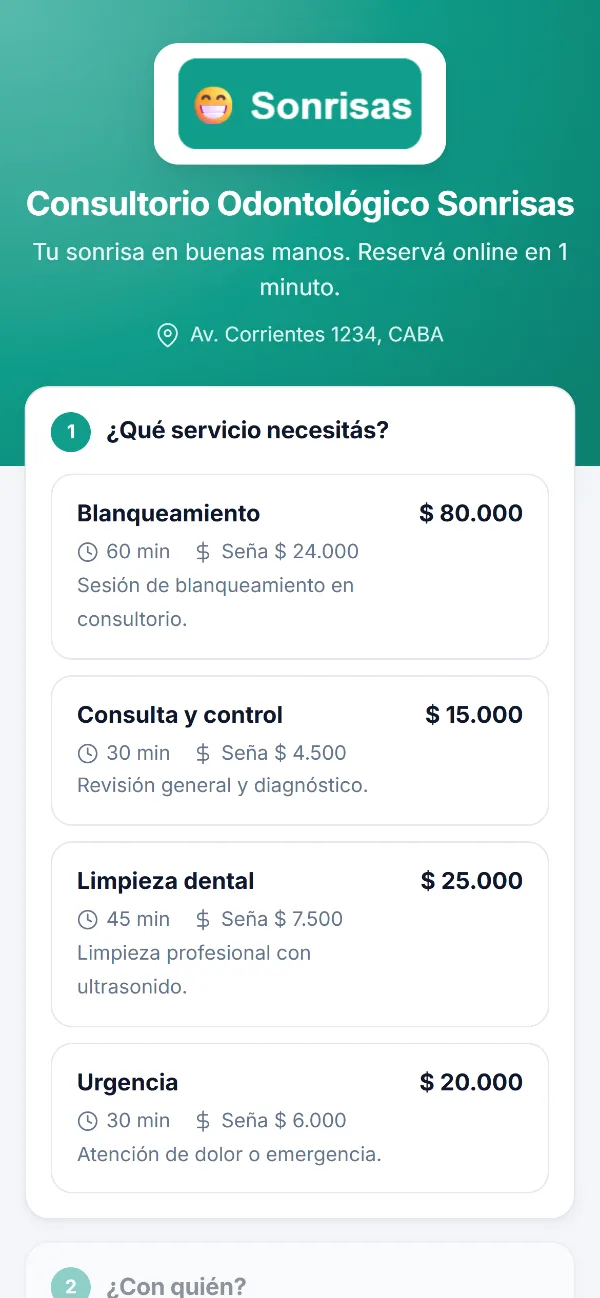 Página de reservas de un consultorio